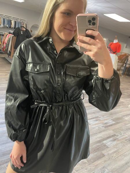 Leather Button Down Dress - Black