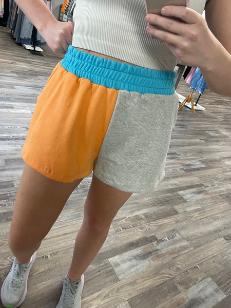 Color Block French Terry Shorts - Grey/Orange