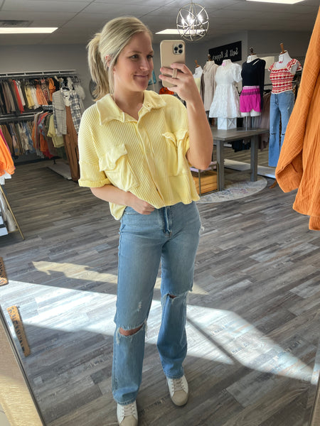 Washed Cropped Button Top - Yellow