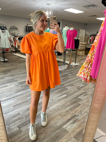 Puff Sleeve Babydoll Mini Dress - Orange