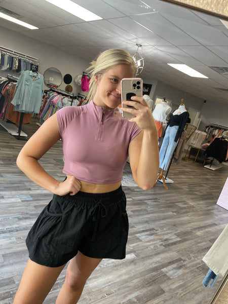 Cropped Half Zip Active Top - Mauve
