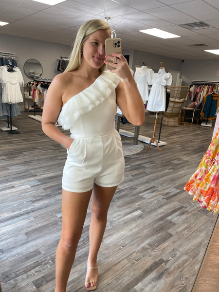 Pleated Detail One Shoulder Romper - White