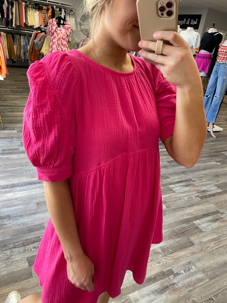 Puff Sleeve Gauze Dress - Hot Pink