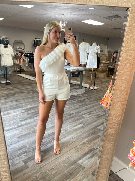 Pleated Detail One Shoulder Romper - White
