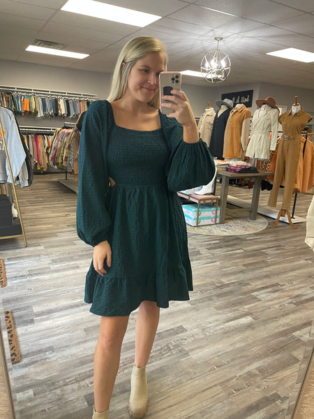 Textured Cutout Detail Dress - Hunter Green