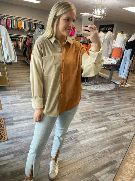 Corduroy Colorblock Shacket - Camel Combo
