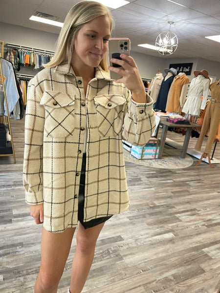 Textured Plaid Shirt Jacket - Beige