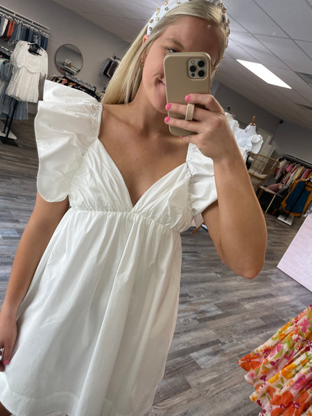 Ruffle Detail Tie Back Poplin Dress - White