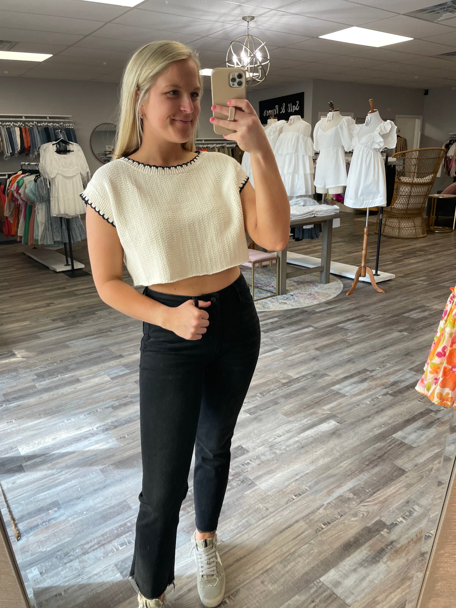 Frill Hem Sweater Tank - Cream/Black