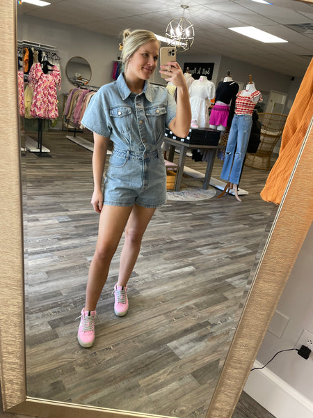 Short Sleeve Denim Romper - Denim