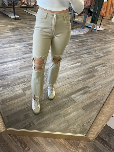 High-Rise Straight Distressed Jeans - Sand