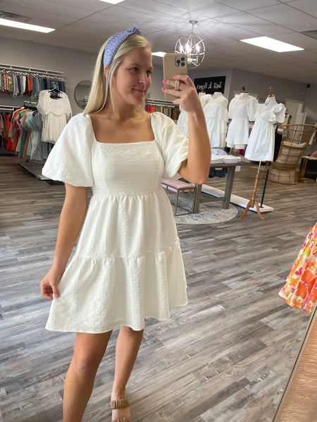 Tie Back Puff Sleeve Dress - White