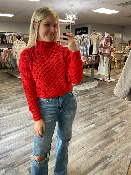 Mock Neck Chenille Sweater - Red