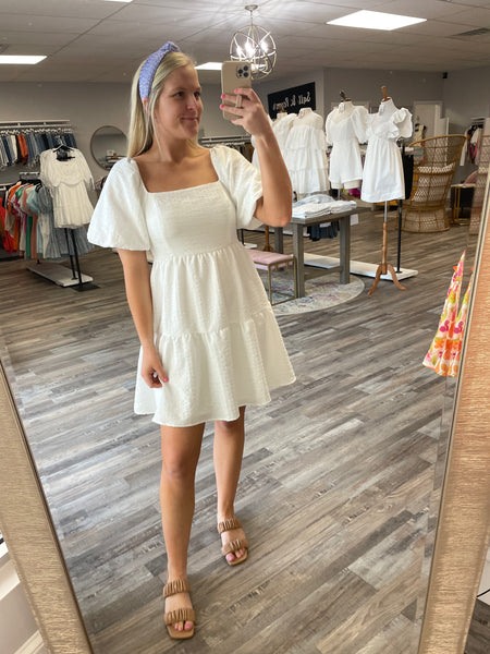 Tie Back Puff Sleeve Dress - White