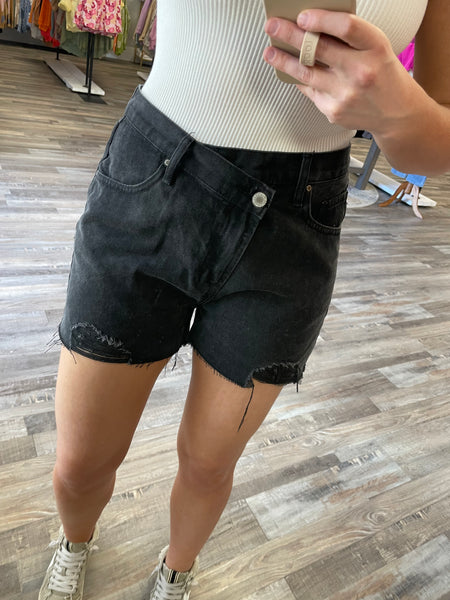 Overlap Button Denim Shorts - Black