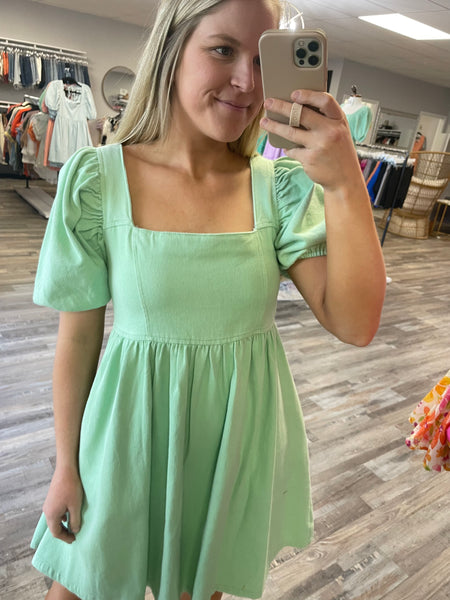 Denim Babydoll Dress - Green