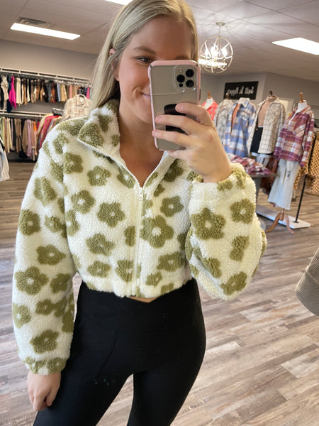 Teddy Daisy Print Cropped Zip Jacket - Off White/Green