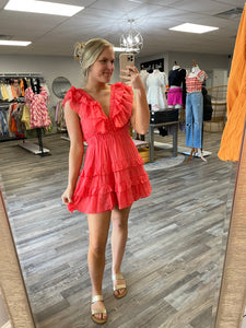 V-Neck Ruffle Tiered Dress - Coral