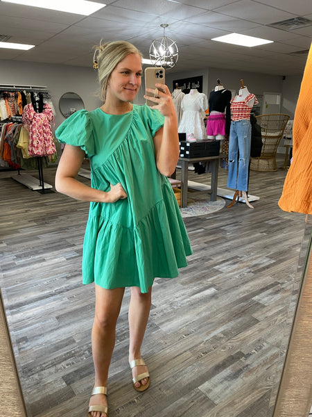 Asymmetric Seam Babydoll Dress - Emerald