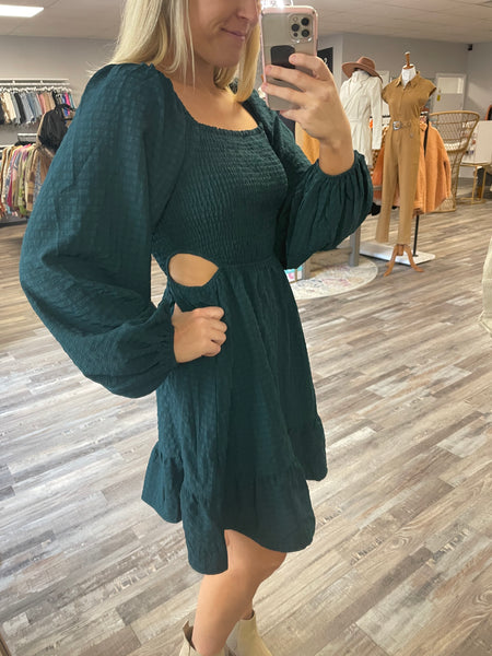 Textured Cutout Detail Dress - Hunter Green