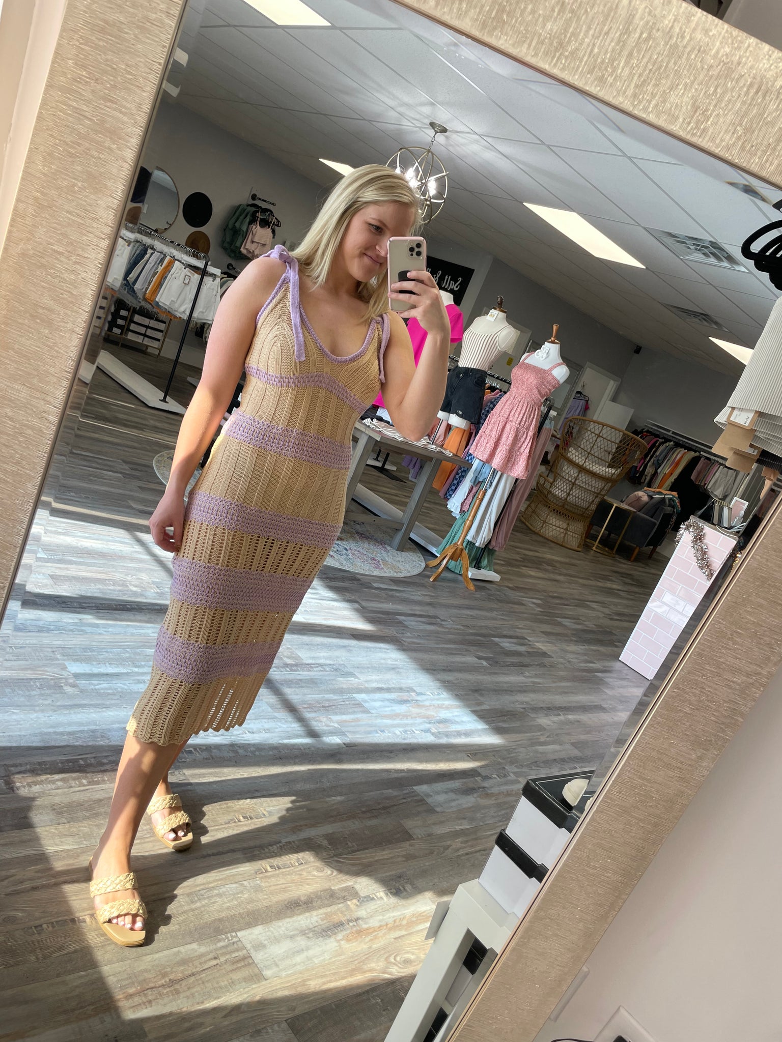 Crochet Contrast Midi Dress - Tan/Lavender