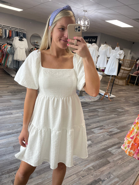 Tie Back Puff Sleeve Dress - White