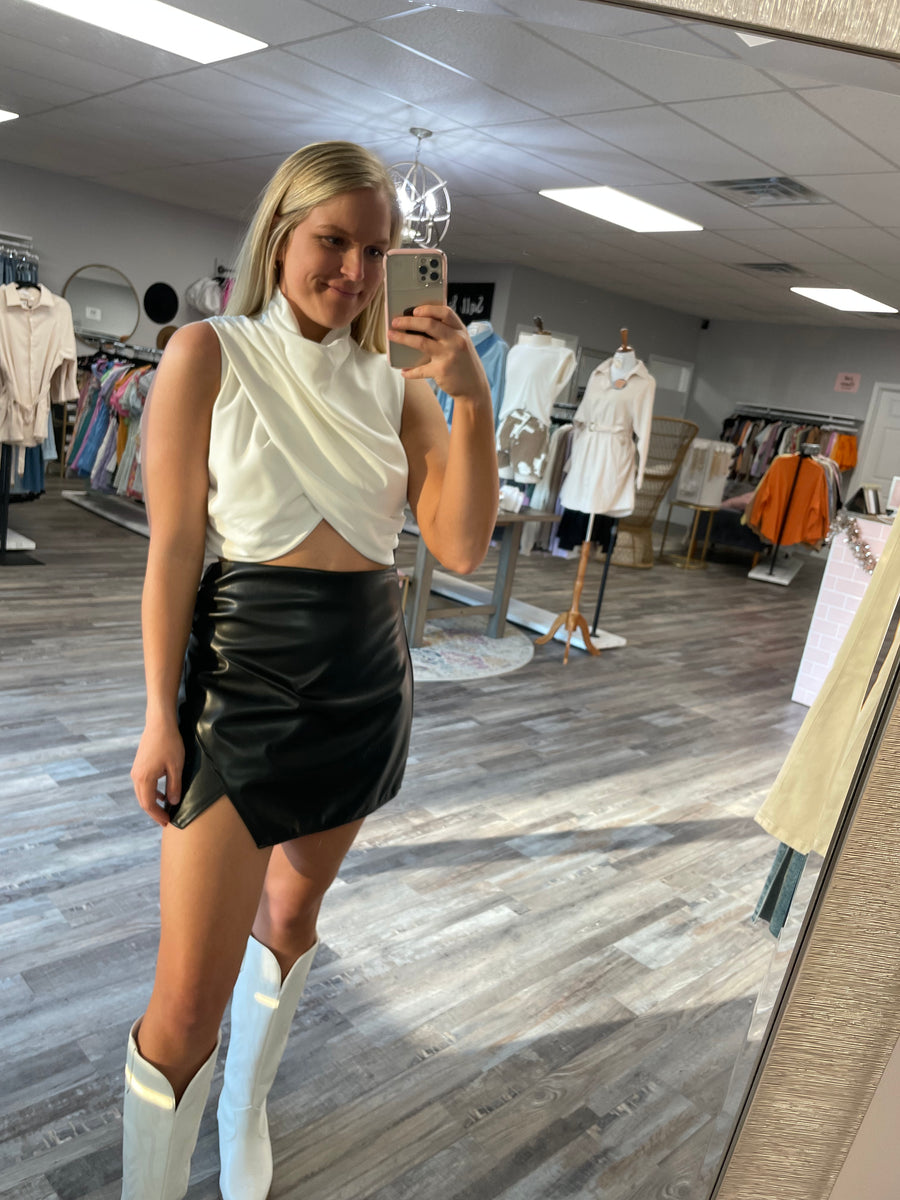 Mock Neck Overlap Crop Top White Salt & Pepper Boutique