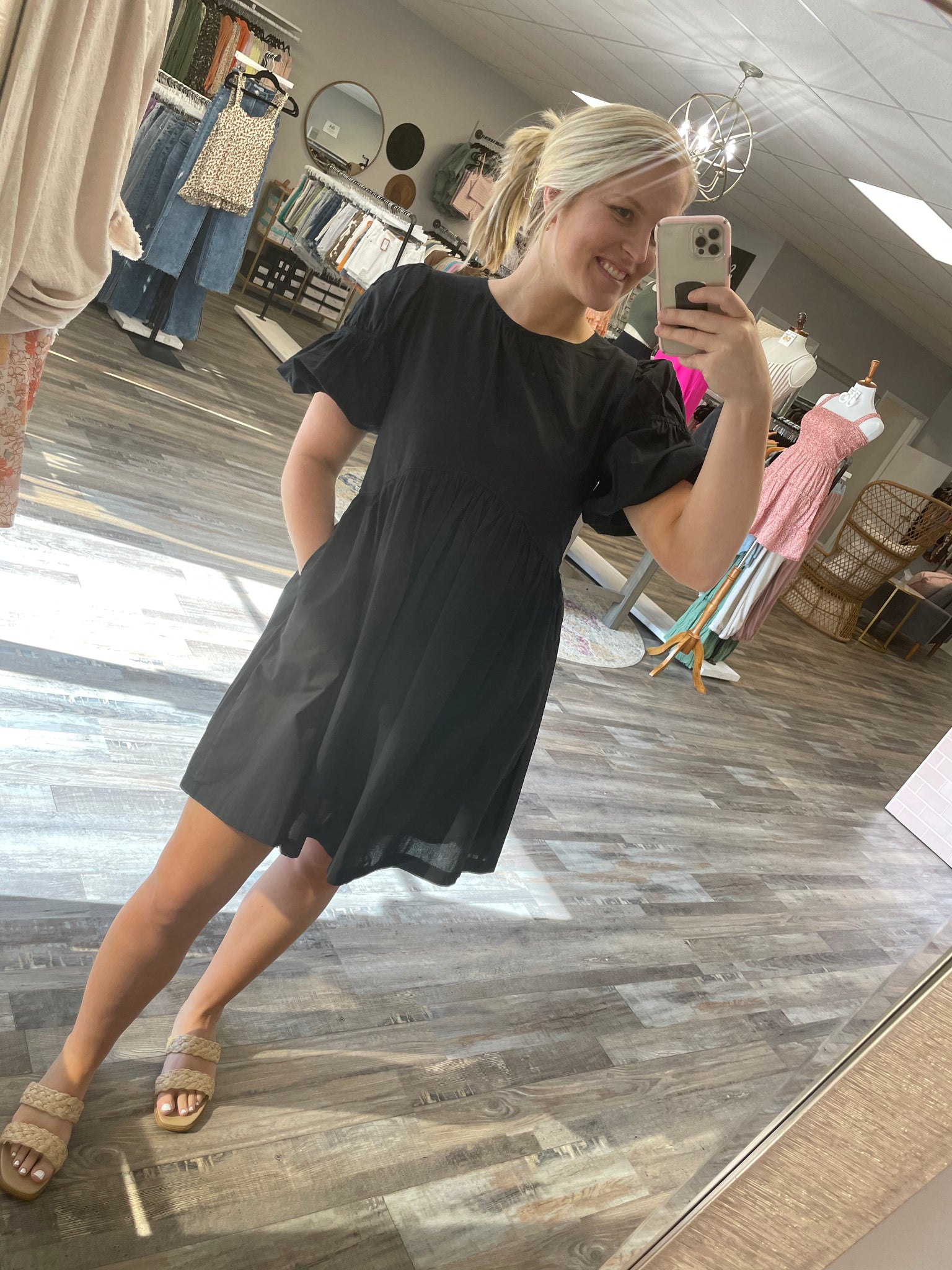 Bubble Short Sleeve Babydoll Dress - Black