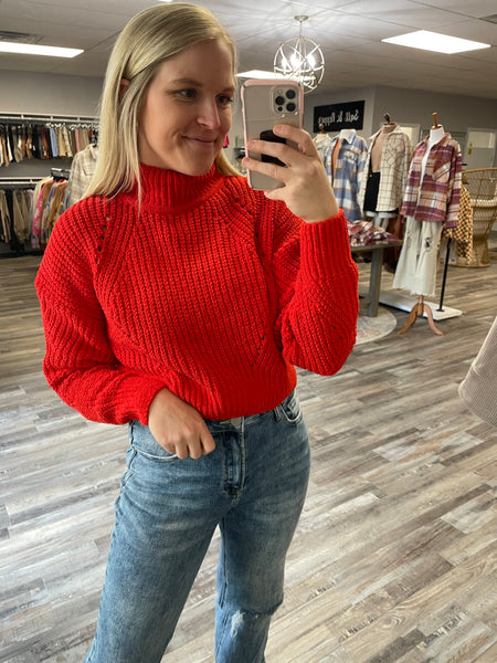 Mock Neck Chenille Sweater - Red