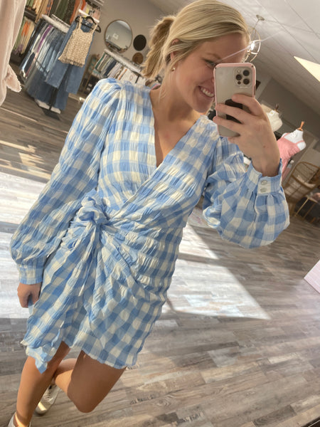 Blue gingham hot sale wrap dress