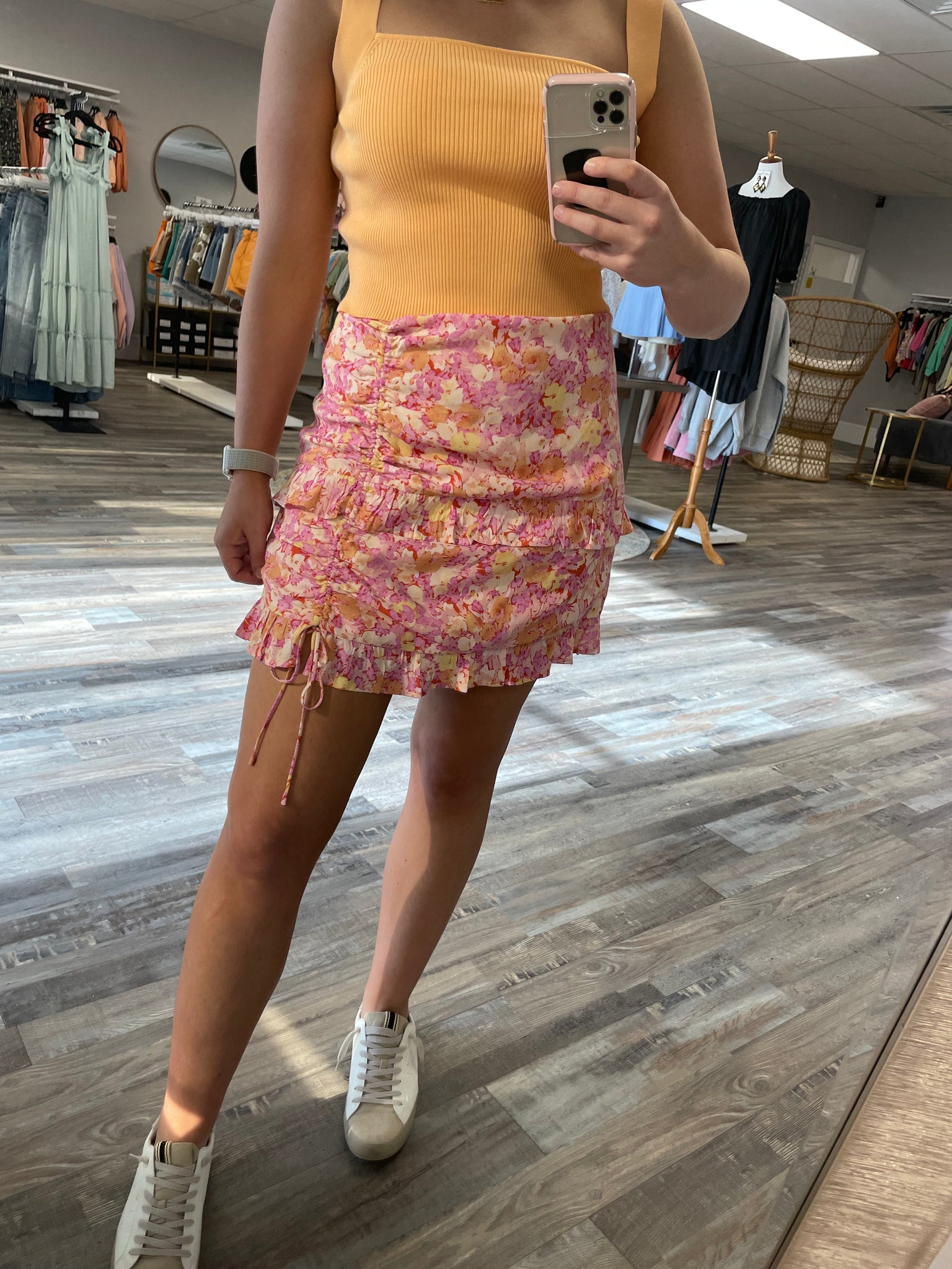 Floral Ruched Mini Skirt Orange Salt Pepper Boutique