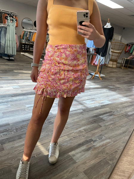Floral Ruched Mini Skirt - Orange