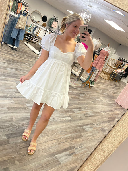 Puff Sleeve Sweetheart Dress - White