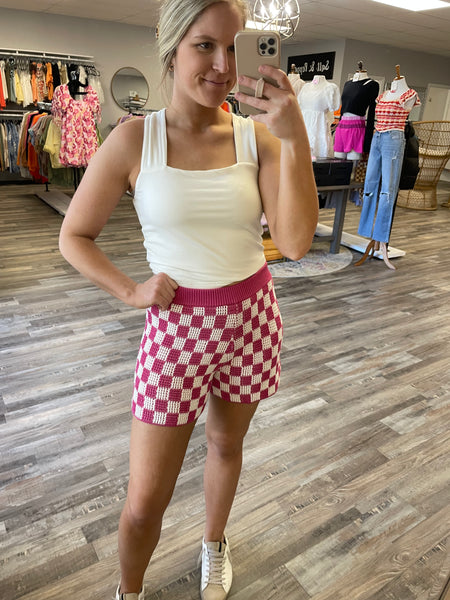 Checkered Crochet Shorts - Fuchsia