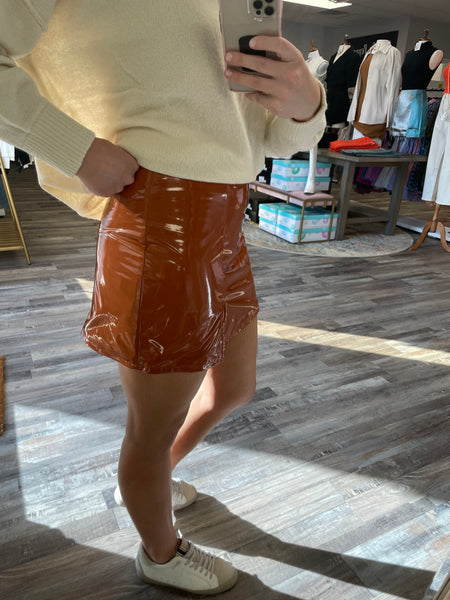 Leather Slit Skirt - Cognac