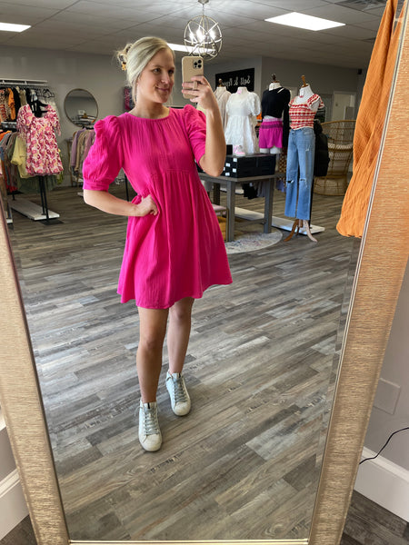 Puff Sleeve Gauze Dress - Hot Pink