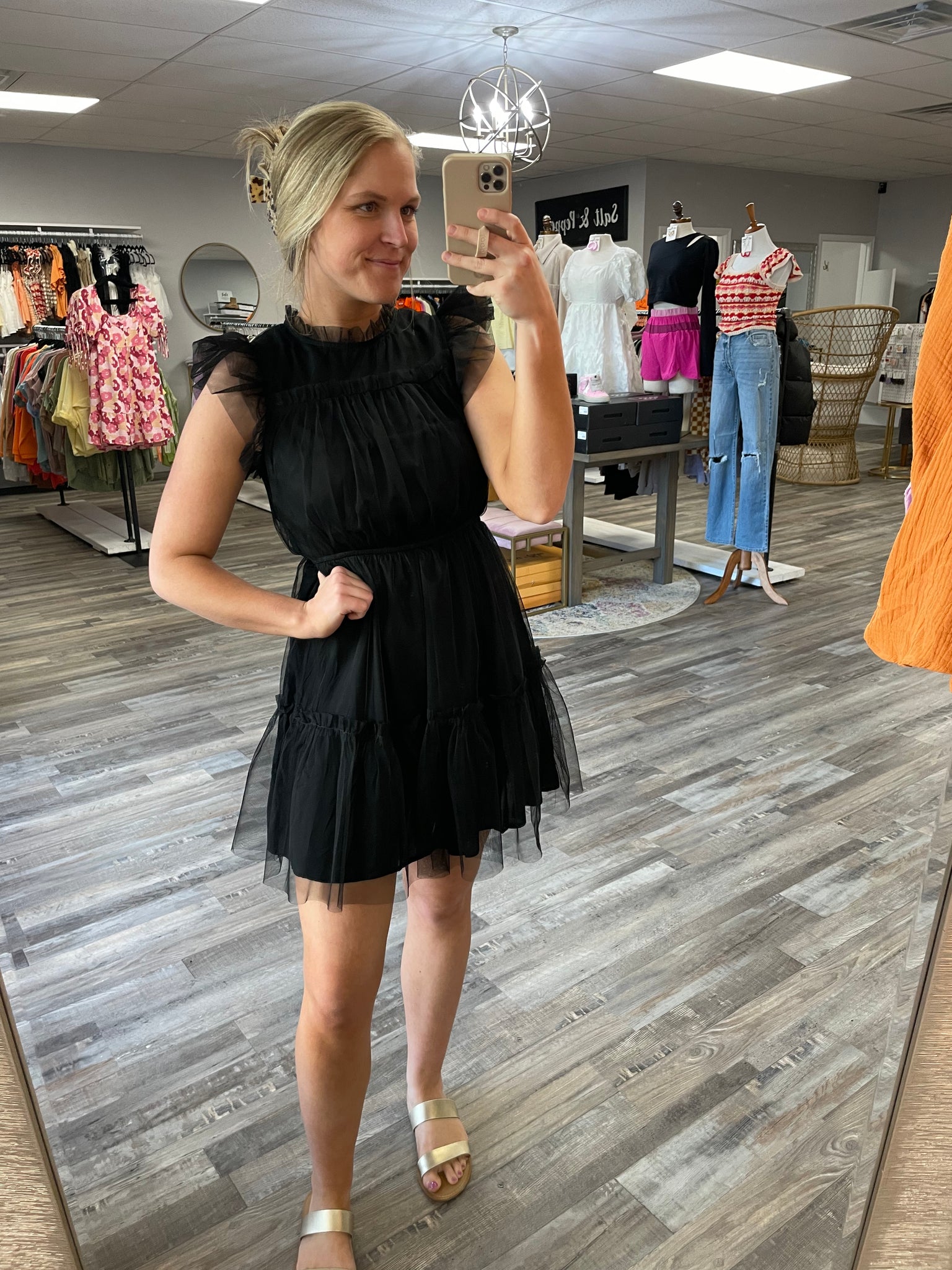 Mesh Ruffled Mini Dress - Black