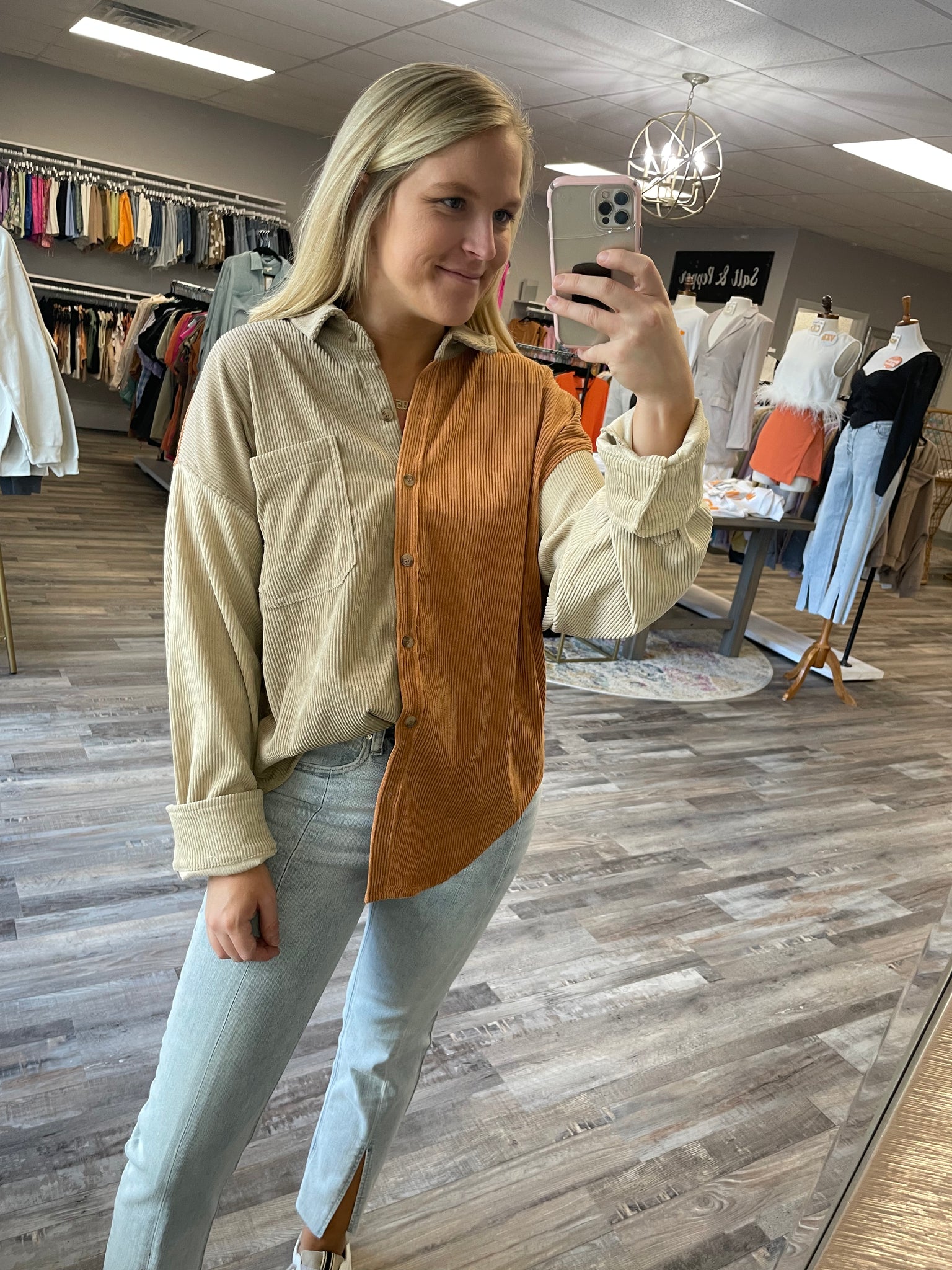 Corduroy Colorblock Shacket - Camel Combo