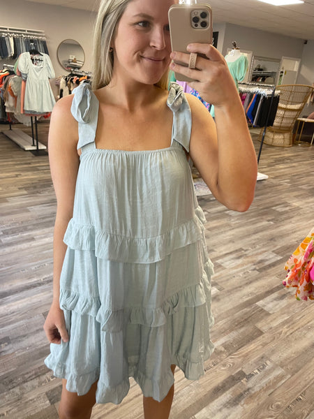 Tie Shoulder Ruffle Tiered Dress - Blue