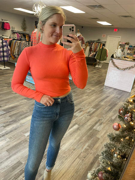 Mock Neck Crop Long Sleeve - Tangerine
