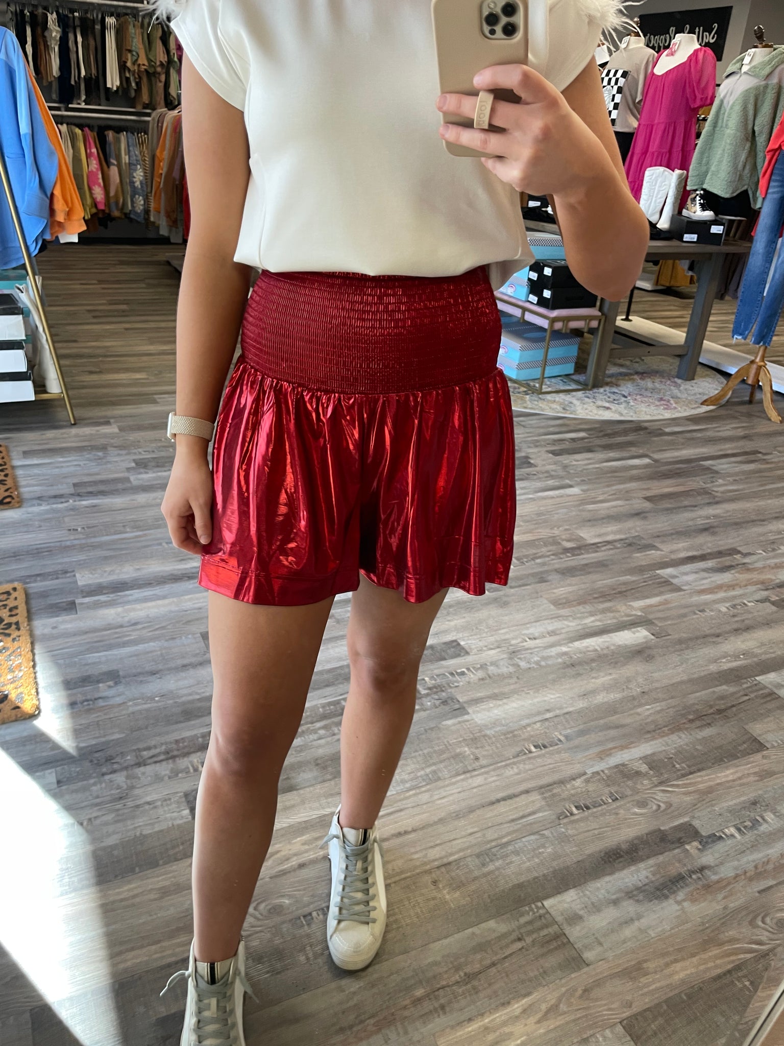Smocked Waist Metallic Shorts - Red