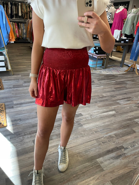 Smocked Waist Metallic Shorts - Red