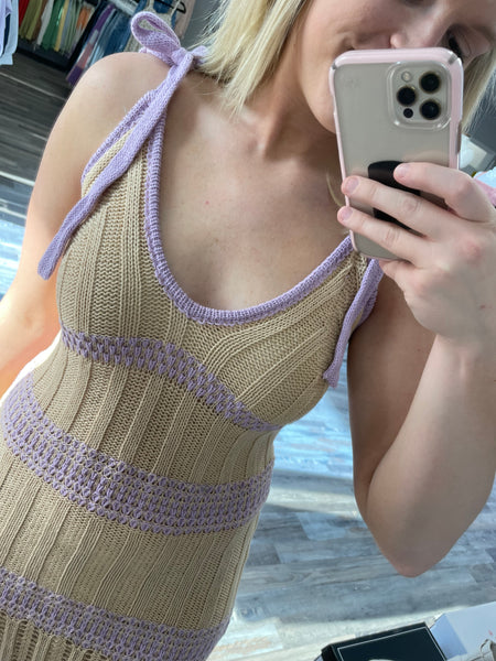 Crochet Contrast Midi Dress - Tan/Lavender