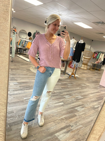 Short Sleeve Knit Button Top - Lavender