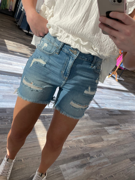 High Rise Fray Denim Shorts - Medium Wash