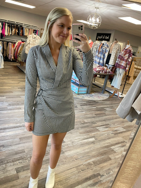 Check Plaid Wrap Dress - Black