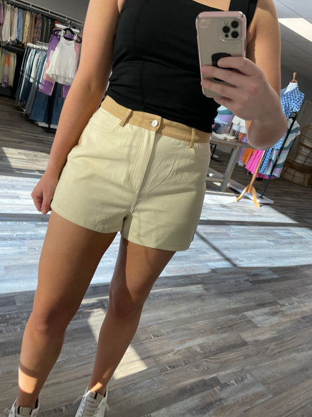Color Block Twill Shorts - Cream/Taupe
