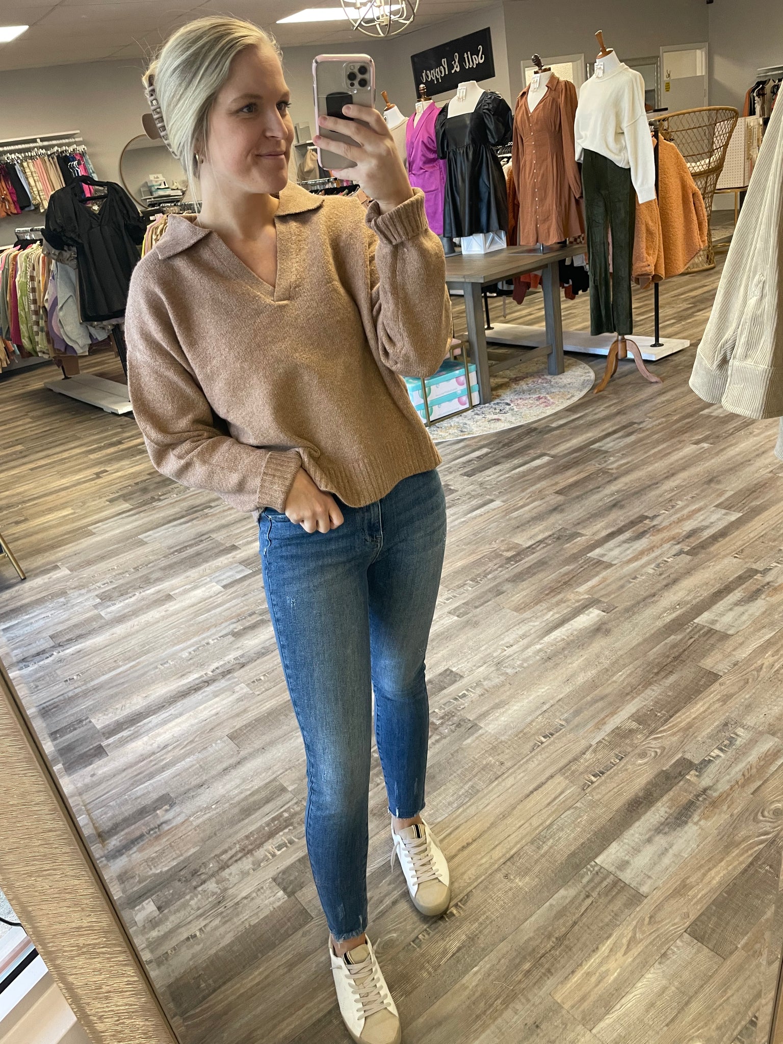 Collared V-Neck Sweater - Hot Cocoa