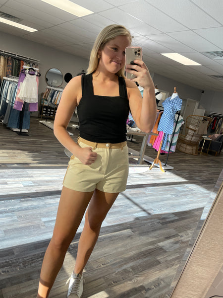 Rib Square Neck Crop Top- Black