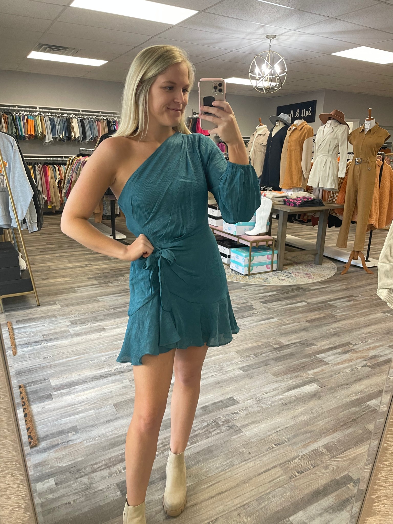 One Shoulder Ruffle Skirt Dress - Teal